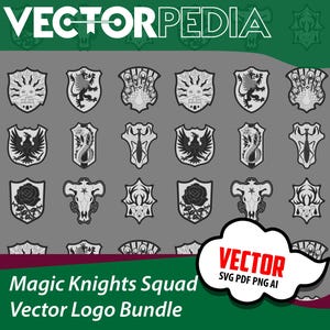 May include: A collection of vector logos in a shield shape, featuring various designs such as a lion, peacock, eagle, and rose. The text "VECTORPEDIA" is at the top, with "Magic Knights Squad Vector Logo Bundle" at the bottom.