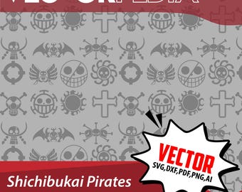 Paquete de vectores del logotipo de los Piratas del Caribe: emblema del anime Jolly Roger SVG, PNG, Ai (descarga digital)