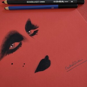Può includere: Un foglio di carta rosso con un disegno di occhi in bianco e nero e due matite. Le matite sono nere e blu, con il testo "REMBRANDT CARBON" e "LYRA GERMANY HB" sulla matita nera e "6B" sulla matita blu. Il disegno è firmato "Salatina".