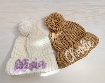 Embroidered Baby Name Beanie, Custom Winter Hat for Newborn Infant Toddler, Soft Knit Yarn Hat, Christmas Birthday Baby Gift Ready Present