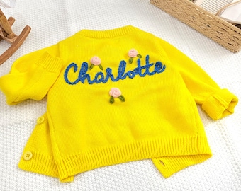 Cárdigan infantil bordado a medida, suéter con nombre personalizado, tejido de algodón grueso, regalo para recién nacido