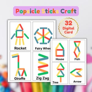 May include: A set of digital craft cards featuring colorful popsicle stick art. The cards display various designs, including a rocket, fairy wheel, house, fish, giraffe, zig zag, tree, and arrow. The text "Popsicle Sticks Craft" is at the top.