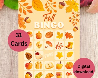 Fall Bingo Game: 31 Printable Cards, Autumn Party Activity (Digital Download)