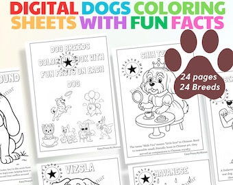 Libro para colorear de cachorros con datos curiosos / Razas de perros educativas imprimibles