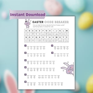 May include: A printable Easter Code Breaker game with a bunny theme. The worksheet features a code-breaking activity with letters, symbols, and Easter-themed images. The words "Instant Download" are at the top.