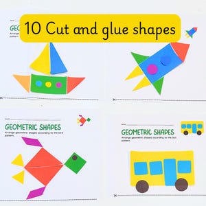 Può includere: Un foglio di attività bianco con forme geometriche colorate da ritagliare e incollare. Il foglio include una barca a vela, un razzo, un uccello e un autobus realizzati con varie forme. Il testo "10 Cut and glue shapes" è visualizzato in giallo.