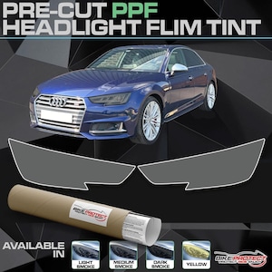 Peut inclure: Une berline bleue avec des jantes argentées est présentée avec un film teinté pour phares prédécoupé. Le texte "PRE-CUT PPF HEADLIGHT FLIM TINT" est en haut. Les teintes disponibles sont fumée claire, moyenne, foncée et jaune.