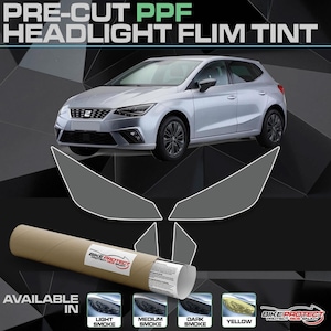 Könnte beinhalten: Ein silbernes Auto mit Optionen für Scheinwerferfolien. Das Bild zeigt vorgeschnittene PPF-Scheinwerferfolien in Light Smoke, Medium Smoke, Dark Smoke und Gelb. Eine Filmrolle ist ebenfalls sichtbar, mit dem Text "BIKE PROTECT PROTECT RIDE ENJOY".