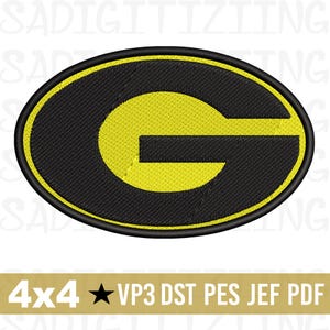 Peut inclure: Écusson brodé ovale noir avec un logo "G" jaune. Le logo est souligné en jaune. Le texte "4x4 VP3 DST PES JEF PDF" est au bas de l'image.