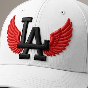 May include: White baseball cap with the letters "LA" in black, featuring red wing accents. The cap has a curved brim and a structured design, suitable for casual wear.