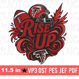 Op de afbeelding: Een rood en zwart ontwerp met een voetbal, helm en de woorden "RISE UP". Het ontwerp bevat het logo van de Atlanta Falcons en decoratieve krullen. De afbeelding is 29,2 cm groot.