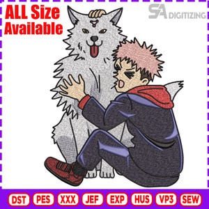 May include: An embroidered design showing a cartoon character embracing a large white wolf. The character has spiky pink hair, a red hoodie, and a dark blue jacket and trousers. The text "ALL Size Available" is in the upper left corner.