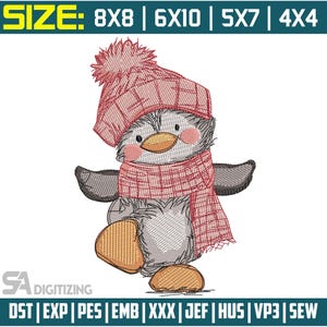 Può includere: Design ricamato di un pinguino con cappello e sciarpa rosa. Il pinguino ha piume grigie e bianche, con zampe arancioni e becco giallo. L'immagine include il testo "SIZE: 8X8 | 6X10 | 5X7 | 4X4" e "SA DIGITIZING".