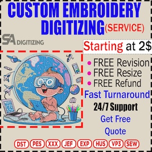 以下が含まれることがあります： カスタム刺繍デジタル化サービスの広告。VRゴーグルをかけてタブレットを持ち、デジタルアイコンに囲まれた赤ちゃんが描かれています。「無料修正」、「迅速な処理」および「24時間365日のサポート」などのテキストが含まれています。