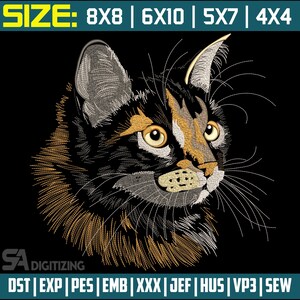 Op de afbeelding: Een geborduurd kattengezichtontwerp in zwart, grijs en goud, met de tekst "SIZE: 8X8 | 6X10 | 5X7 | 4X4" bovenaan. Het ontwerp bevat de tekst "SA DIGITIZING" en bestandstype-afkortingen onderaan.