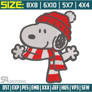 Könnte beinhalten: Gesticktes Design eines Zeichentrickhundes mit einem rot-weiß gestreiften Schal und einer roten Strickmütze mit einem weißen Bommel. Das Design enthält den Text "SIZE: 8X8 | 6X10 | 5X7 | 4X4" und "SA DIGITIZING".