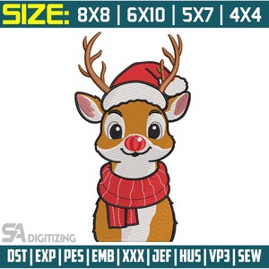 May include: An embroidered design of a cartoon reindeer wearing a red Santa hat and scarf. The reindeer has a red nose and brown antlers. The text "SIZE: 8X8 | 6X10 | 5X7 | 4X4" is at the top. The bottom text includes "SA DIGITIZING" and file formats.