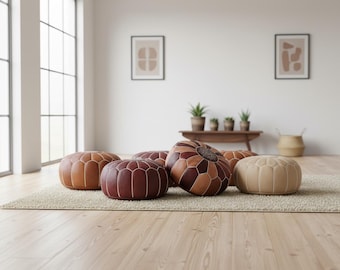 Handmade Moroccan Leather Pouf Ottoman: Boho Floor Cushion Footstool, Unstuffed