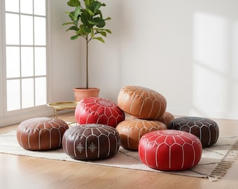 Pouf ottoman marocain en cuir fait main : repose-pieds rond neutre