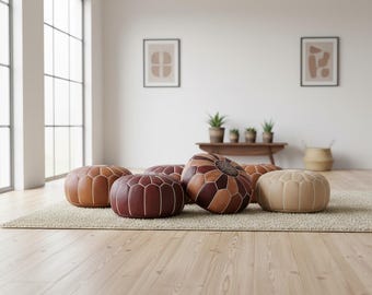 Handmade Moroccan Leather Pouf Ottoman: Neutral Round Footstool