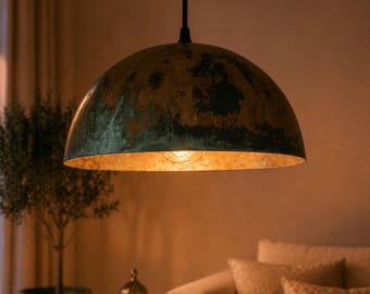 Handmade Copper Pendant Light, Green Patina Moroccan Ceiling Lamp