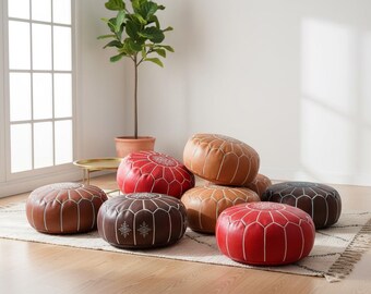 Handmade Moroccan Leather Pouf Ottoman: Boho Floor Cushion Footstool, Unstuffed
