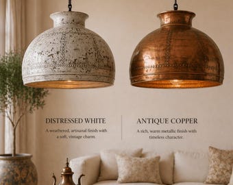 Rustic White Copper Pendant Light, Handmade Farmhouse Dome Hanging Lamp