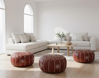 Handmade Moroccan Leather Pouf Ottoman: Boho Floor Cushion Footstoo