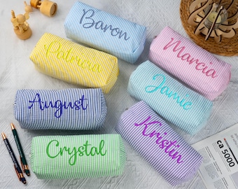 Embroidered Seersucker Pencil Case With Name,Personalized School Supplies Pouch,Kids Stationery Bag,Custom Christmas Gift For Kids Teacher