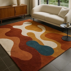 Hand Tufted Wool Area Rug: Mid-Century Modern Abstract Geometric Design