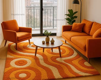 Retro Orange 5x8 Hand Tufted Rug – Mid Century Modern Geometric Area Rug – Soft Wool Accent Carpet for Living Room, Bedroom or Office 8x10