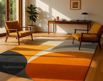 Modern Abstract Area Rug, Mid Century Geometric Rug, Hand Tufted Wool Rug, Retro Living Room Carpet, Custom Size Rug