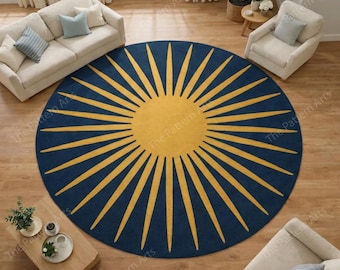 Modern Sunburst Round Rug | Bold Yellow & Navy Blue Accent Carpet | Contemporary Living Room Decor | Geometric Statement Floor Art