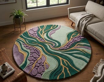 Hand-Tufted Wool Round Rug, Abstract Green Purple Area Rug, Modern Organic Home Decor