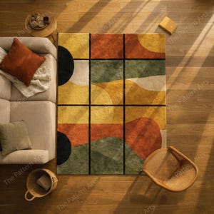 Tappeto geometrico moderno - Tappeto da soggiorno moderno di metà secolo con blocchi di colore vivaci / Tappeto in morbida lana annodata a mano, tappetino da pavimento con accenti astratti retrò