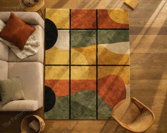 Alfombra de lana tejida a mano – Bloques de color geométricos, estilo moderno de mediados de siglo.