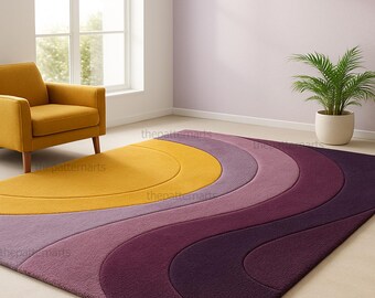 Hand-Tufted Wool Area Rug – Purple, Yellow Geometric Wave Design