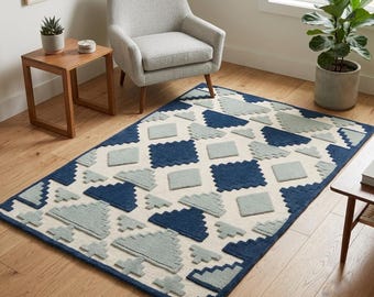 Handmade Wool Geometric Rug, Navy Sage Cream Abstract Area Rug, Modern Home Decor