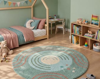 Handmade Round Wool Rainbow Rug, Pastel Nursery Playroom Carpet (100% Wool)