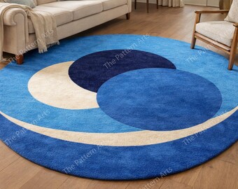 Hand Tufted Wool Round Rug – Modern Blue Abstract Design