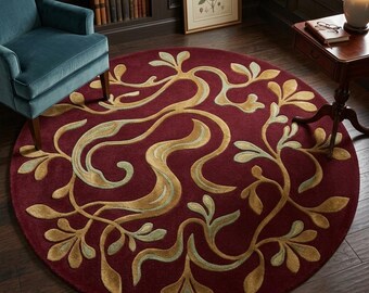Handmade Round Wool Rug, Botanical Vine Floral Design, Burgundy Living Room Decor