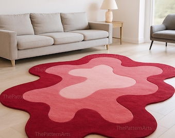 Tappeto moderno astratto rosso e rosa / Tappeto annodato a mano con motivo a macchie ondulate / Arredamento contemporaneo per soggiorno / Tappeto artistico morbido