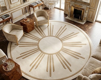 Cream Beige Sunburst Round Rug, Art Deco Luxury Carpet, Modern Statement Floor Decor