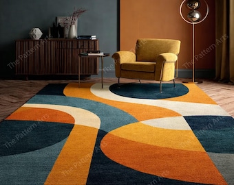 Mid Century Modern Abstract Geometric Rug, Colorful Retro Nordic Area Carpet