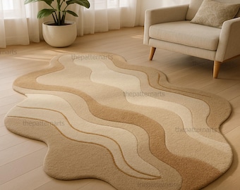 Hand-Tufted Wool Rug, Irregular Wavy Design, Neutral Modern Rug