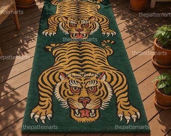 Hand-Tufted Wool Stairway Runner Rug - Tiger Runner Rug | Bold Hand-Tufted Carpet | Jungle-Inspired Area Rug | Green & Gold Tiger Decor