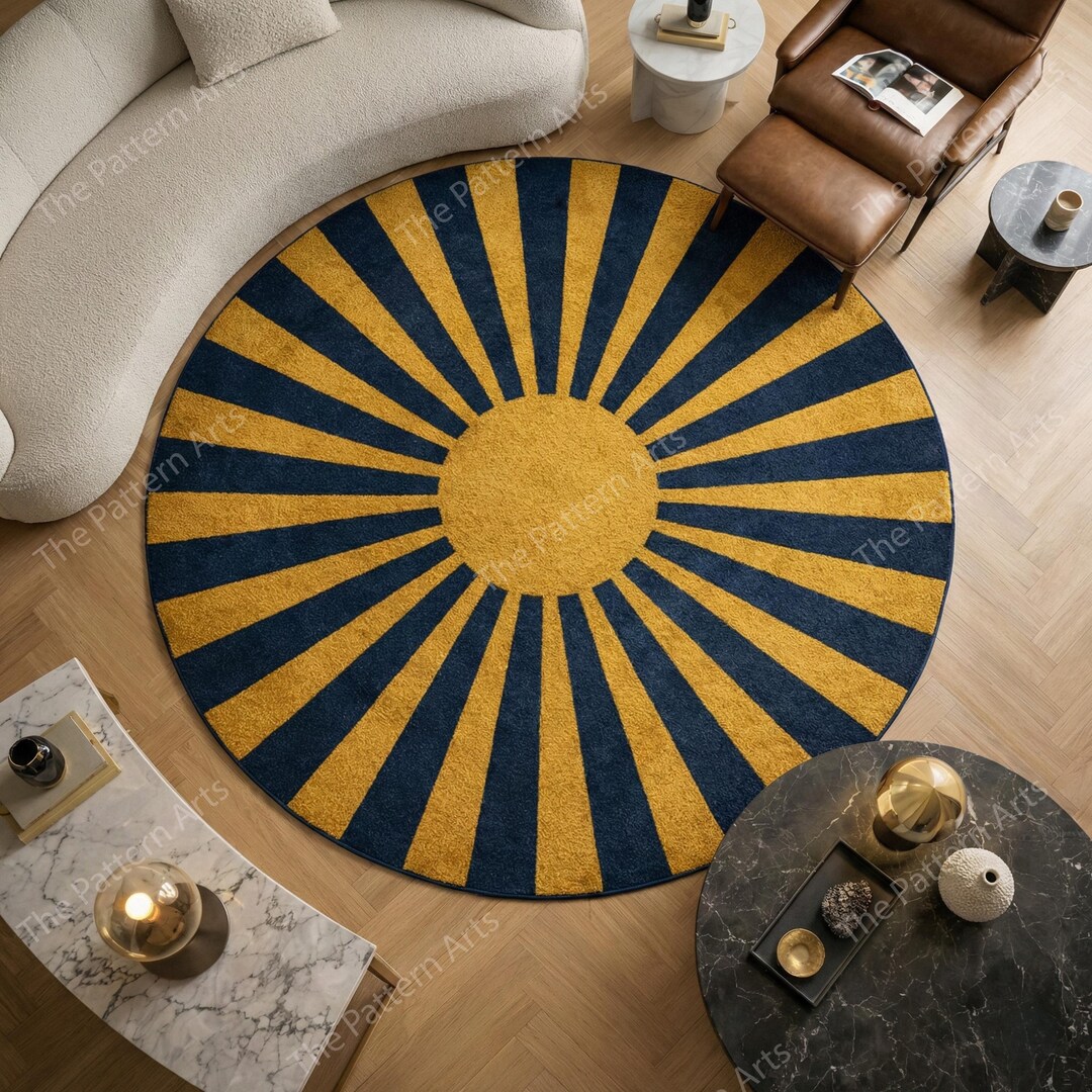 Modern Sunburst Round Rug – Blue & Mustard Circular Area Rug – Hand ...