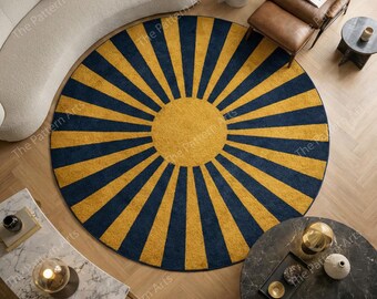 Modern Sunburst Round Rug – Blue & Mustard Circular Area Rug – Hand Tufted Statement Carpet – Contemporary Geometric Living Room Decor