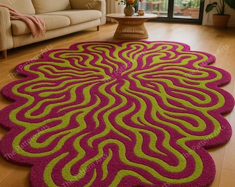 Psychedelic Wavy Flower Rug – Magenta & Lime Green Tufted Carpet