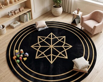 Black Round Rug, Gold Star Geometric, Modern Boho Nursery, Minimalist Playroom Carpet